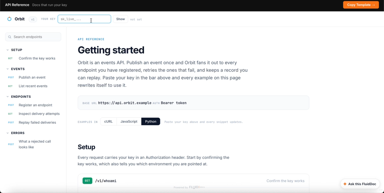 A template open in FluidDocs, with an API key field above the code examples